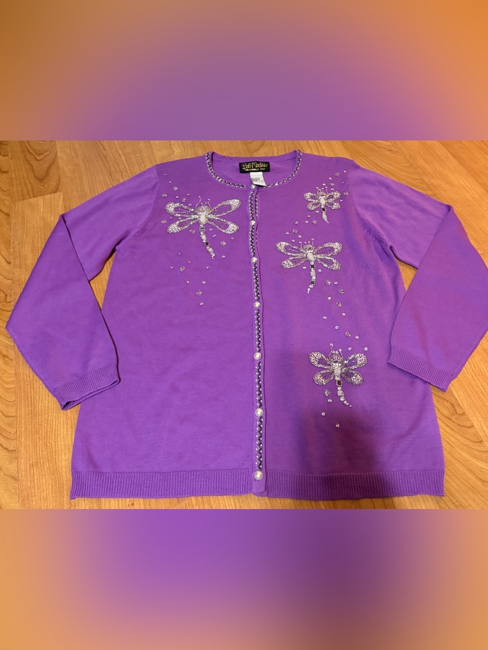 Bob Mackie Wearable Art Purple Beaded Embroidered Dragonfly Cardigan S
